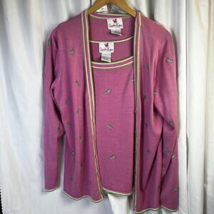Quacker Factory Cardigan Silk Shell And Cardigan Grasshoppers  Pink 2pc Set Sz L